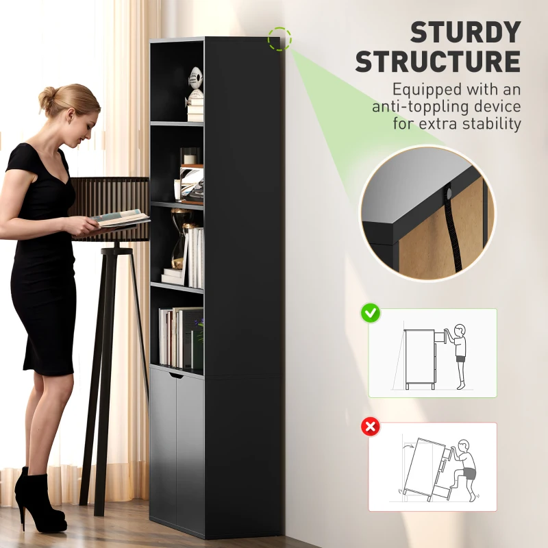 HOMCOM 4-Tier Open Bookshelf with Doors Modern Home Office Bookcase Storage Cabinet for Living Room Bathroom Study, Black