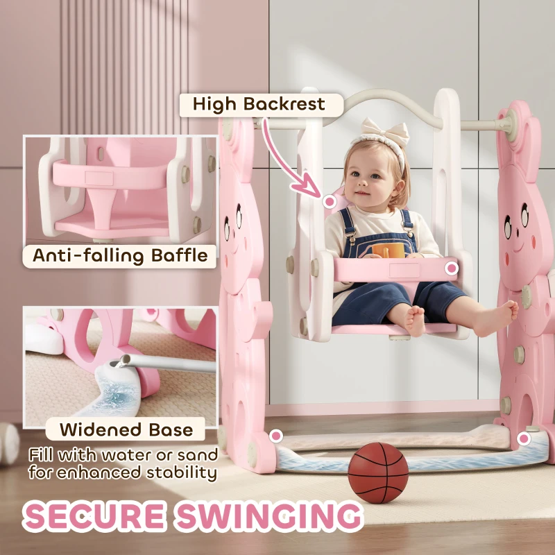 Qaba 4 in 1 Toddler Slide and Swing Set with Climber, Basketball Hoop, Rabbit Themed Kids Playset for Ages 1.5-4, Pink