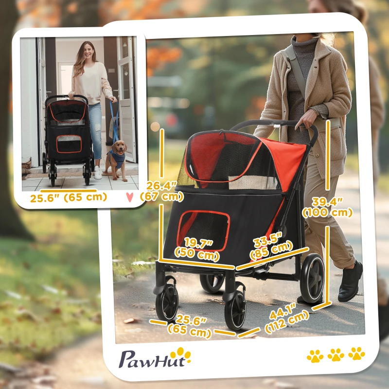 PawHut Foldable Pet Stroller with Universal Front Wheels, Shock Absorber, Dog Cat Carriage for Large & Medium Dogs, Red