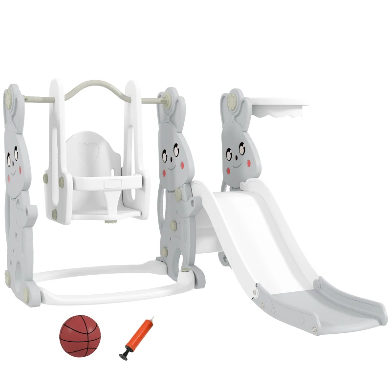 Qaba 4 in 1 Toddler Slide and Swing Set with Climber, Basketball Hoop, Rabbit Themed Kids Playset for Ages 1.5-4, Gray