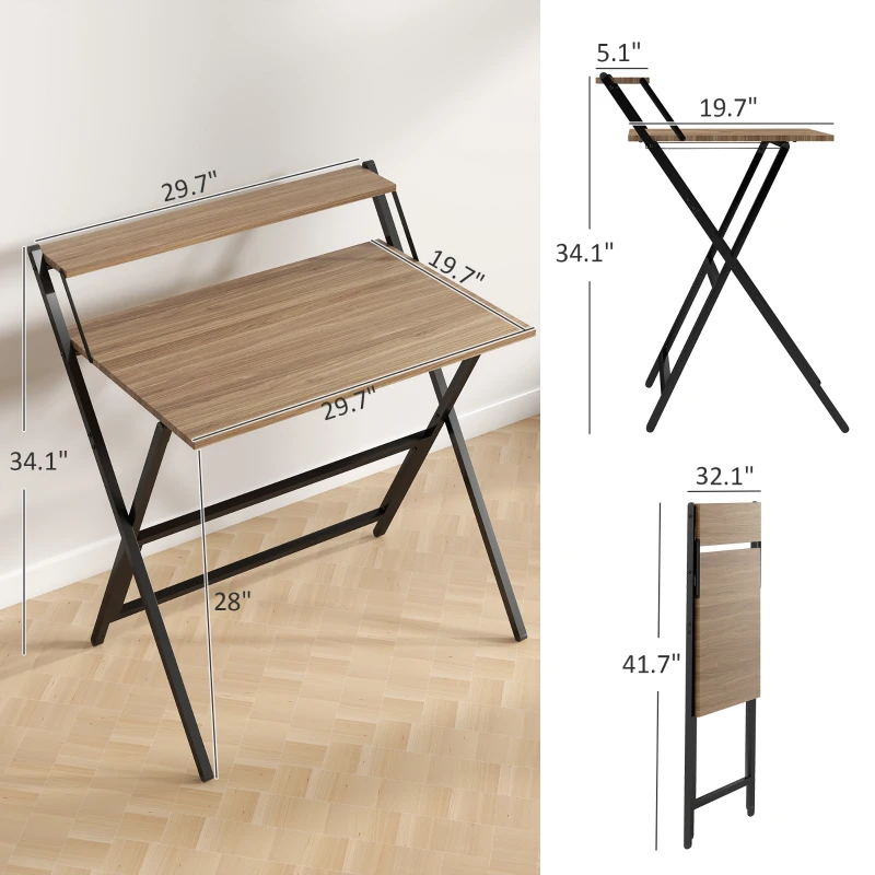 HOMCOM Folding Computer Desk, 32" Foldable Desk with Monitor Shelf for Small Space, Home Office, Study, Easy Assembly, Walnut