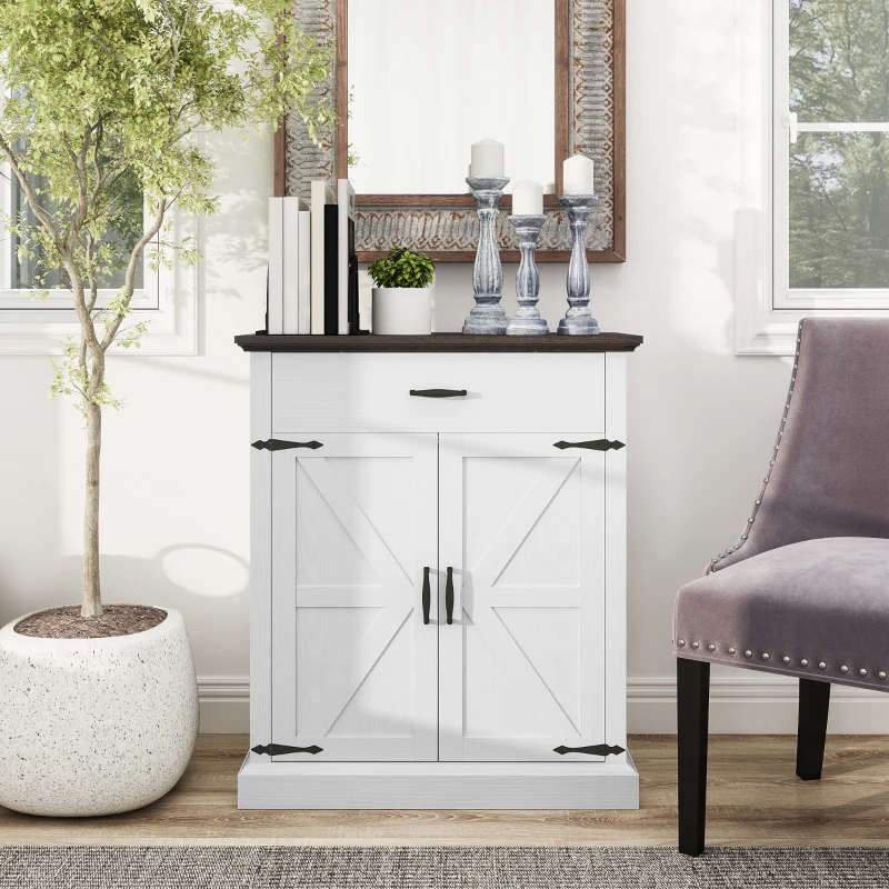 HOMCOM 30" Buffet Cabinet, Farmhouse Sideboard with 1.2" Thick Top, 2 Barn Doors, Drawer and Adjustable Shelf, White