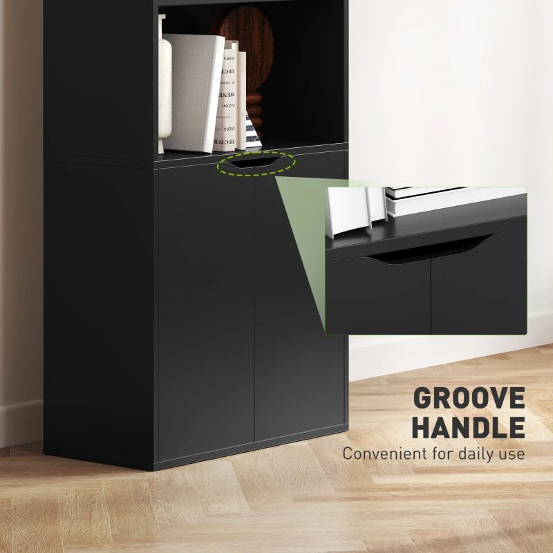 HOMCOM 4-Tier Open Bookshelf with Doors Modern Home Office Bookcase Storage Cabinet for Living Room Bathroom Study, Black
