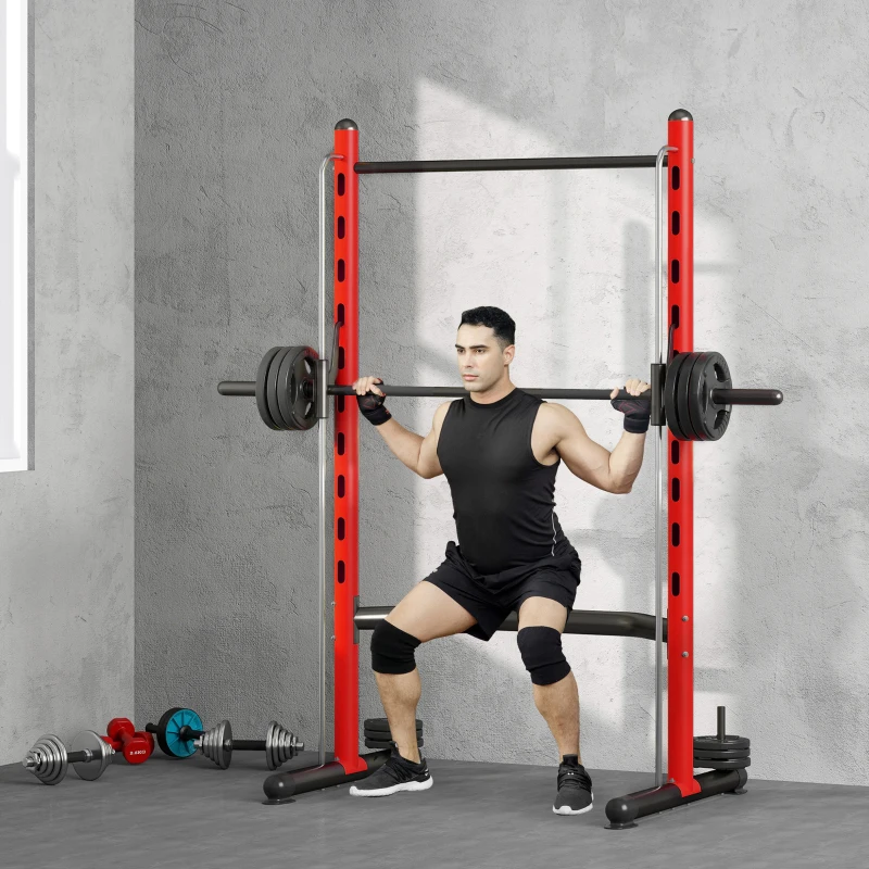 Soozier Squat Rack with Pull Up Bar and Barbell Bar Adjustable Bench Press Multi-Function Weight Lifting Half Rack Red