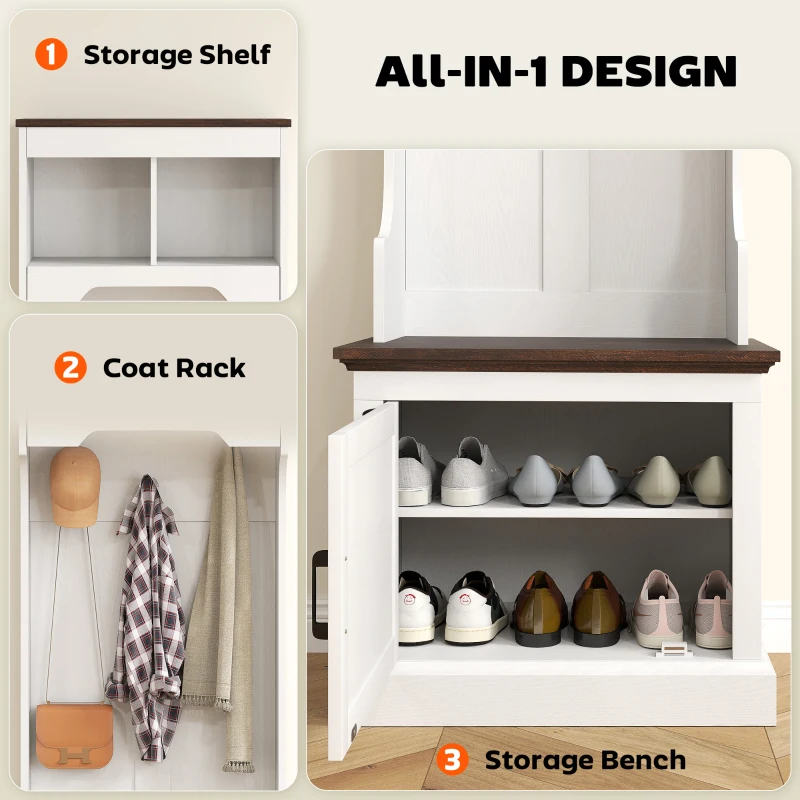 HOMCOM 3-in-1 Hall Tree with Shoe Storage, Coat Rack with Bench, Entryway Furniture with Five Hooks, White Wood Grain
