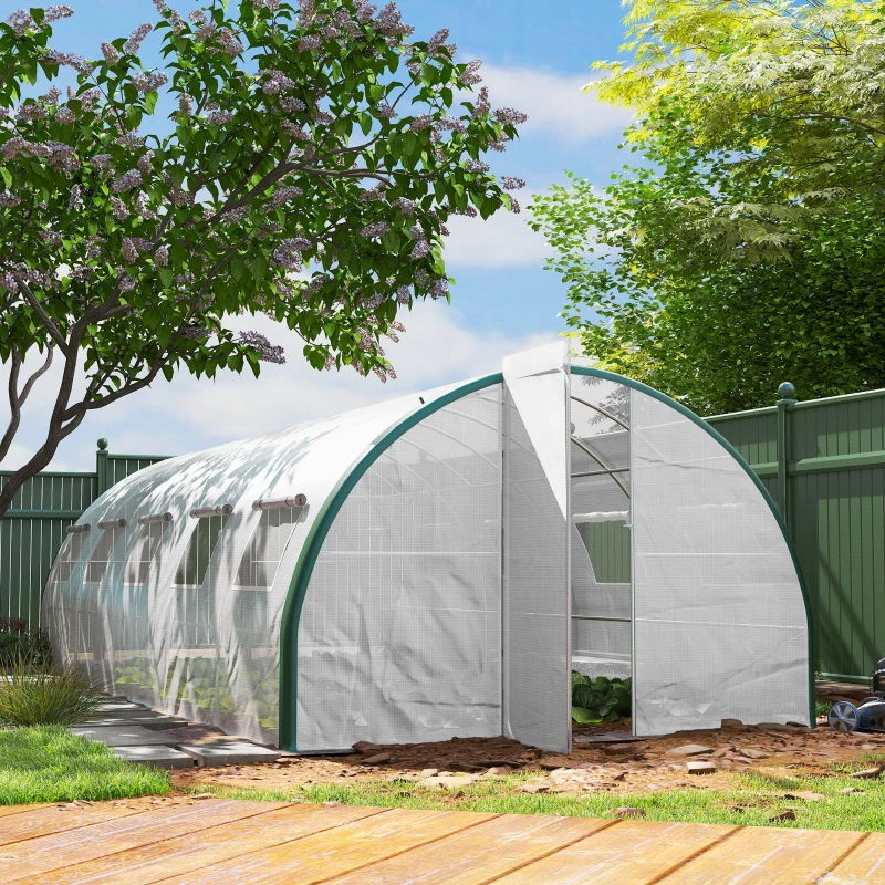 Outsunny Tunnel Greenhouse Walk-in Plant Warm House with 2 Hinged Doors, 10 Mesh Windows, 24.6' x 10' x 6.6', White