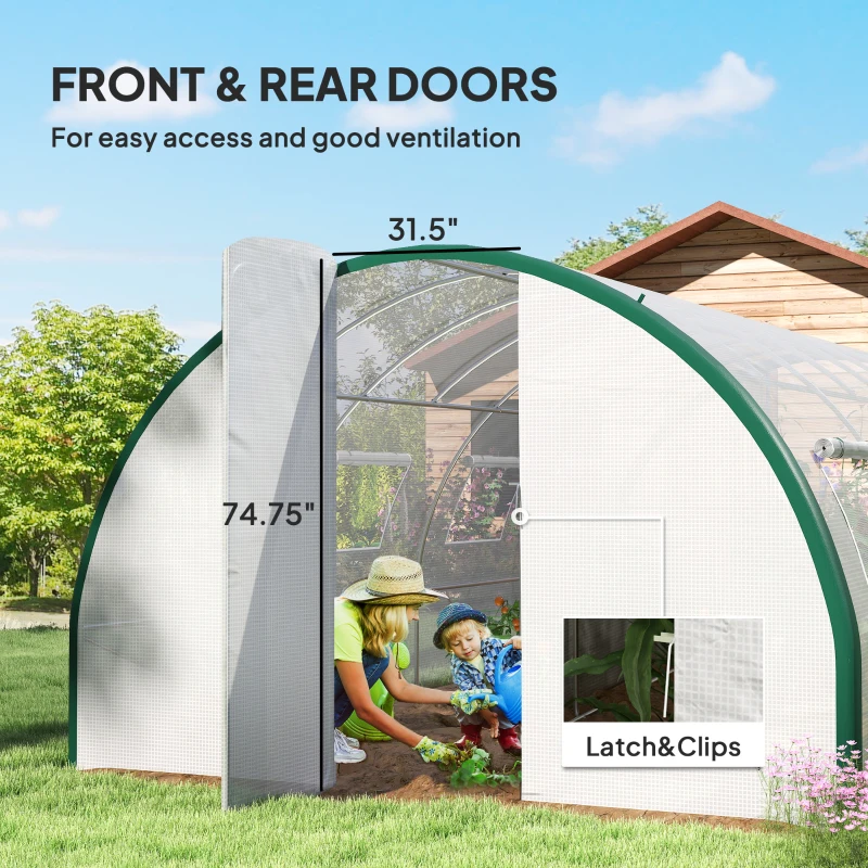 Outsunny Tunnel Greenhouse Walk-in Plant Warm House with 2 Hinged Doors, 8 Mesh Windows, 20' x 10' x 6.6', White