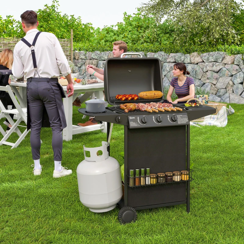 Outsunny 3+1 Burner Propane Gas BBQ Grill, Portable Gas Barbecue Grill with Side Burner, Thermometer, Lid, Side Table, Shelf, Spice Rack, Wheels, Grease Cup for Garden, Black