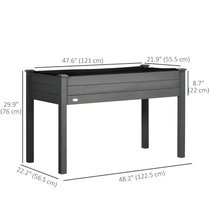 Outsunny 48" x 22" x 30" Wooden Patio Raised Garden Bed Planter, Elevated Planter Box with Legs, Outdoor Flower Stand with Inner Bag, Dark Grey