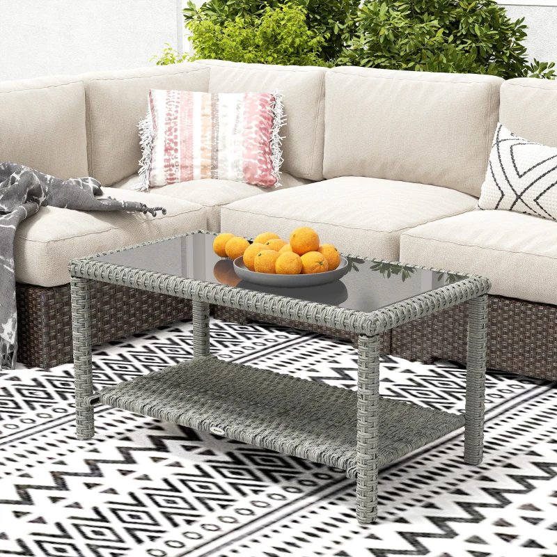 Outsunny 35" Outdoor Wicker Coffee Table with Glass Top, Storage Shelf for Garden Porch Balcony Deck, Dark Grey