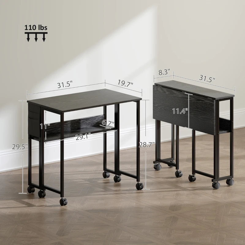 HOMCOM Folding Computer Desk, Foldable Desk with Storage Bag, Shelf and Wheels for Small Spaces, Home Office, Black