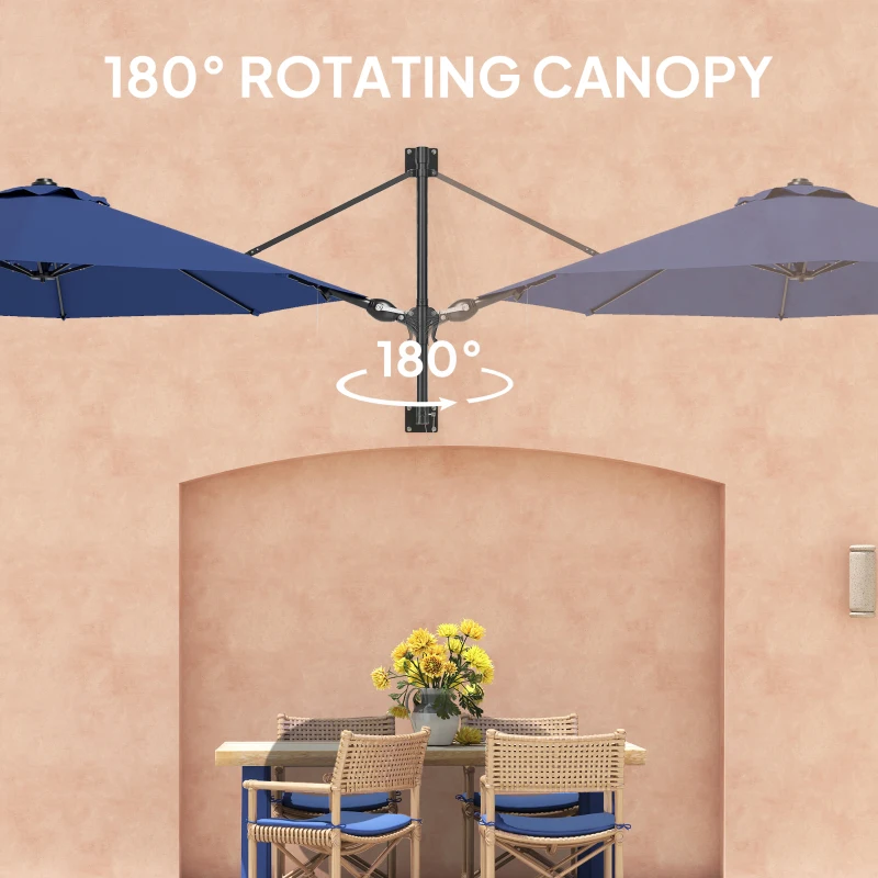 Outsunny 9.6 x 9.6 ft Wall Mounted Umbrella with Rotate, Patio Market Umbrella Parasol for Outdoor with Crank, Dark Blue