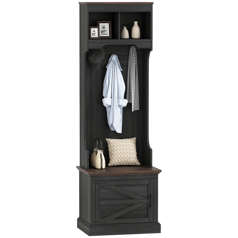 HOMCOM 3-in-1 Hall Tree with Shoe Storage, Coat Rack with Bench, Entryway Furniture with Five Hooks, Black Wood Grain