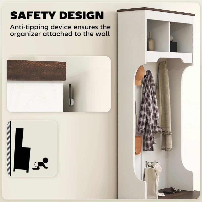HOMCOM 3-in-1 Hall Tree with Shoe Storage, Coat Rack with Bench, Entryway Furniture with Five Hooks, White Wood Grain
