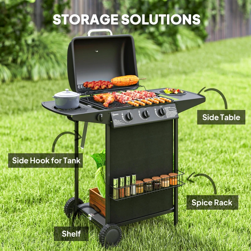 Outsunny 3+1 Burner Propane Gas BBQ Grill, Portable Gas Barbecue Grill with Side Burner, Thermometer, Lid, Side Table, Shelf, Spice Rack, Wheels, Grease Cup for Garden, Black