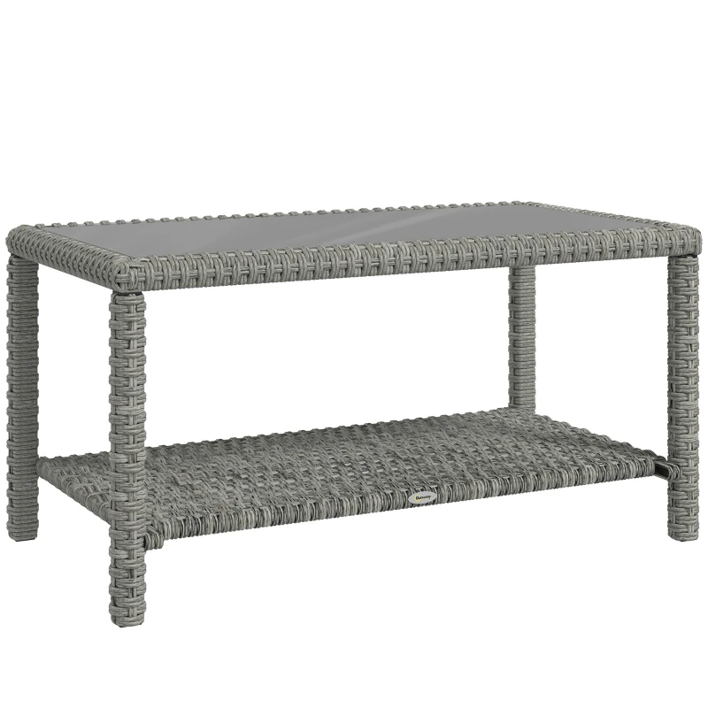 Outsunny 35" Outdoor Wicker Coffee Table with Glass Top, Storage Shelf for Garden Porch Balcony Deck, Dark Grey