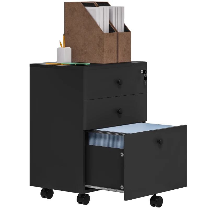 HOMCOM 3-Drawer Small Filing Cabinet with Lock, Vertical Office Storage Cabinet with Wheels for Home Office, Black