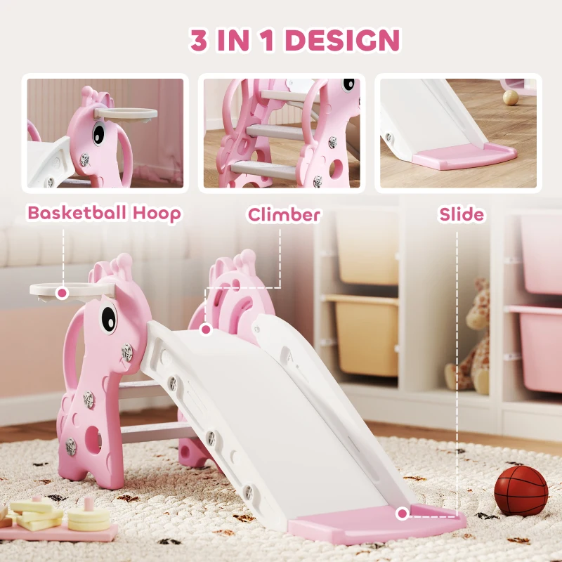 Qaba 3-in-1 Toddler Slide for Age 1-3, Freestanding Kids Slide with Climber, Basketball Hoop and Ball, Giraffe Design, Pink