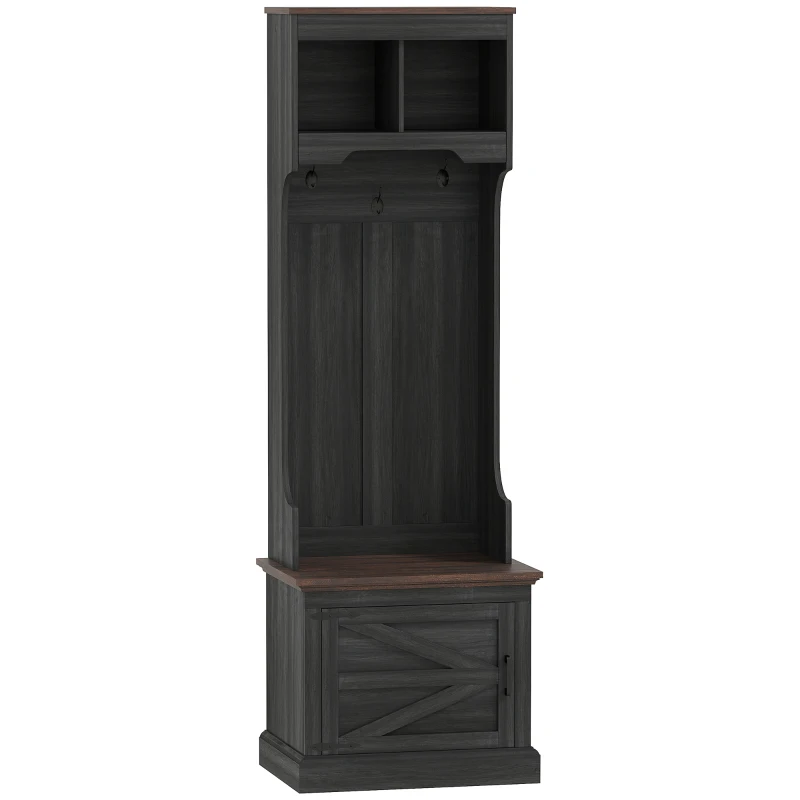 HOMCOM 3-in-1 Hall Tree with Shoe Storage, Coat Rack with Bench, Entryway Furniture with Five Hooks, Black Wood Grain