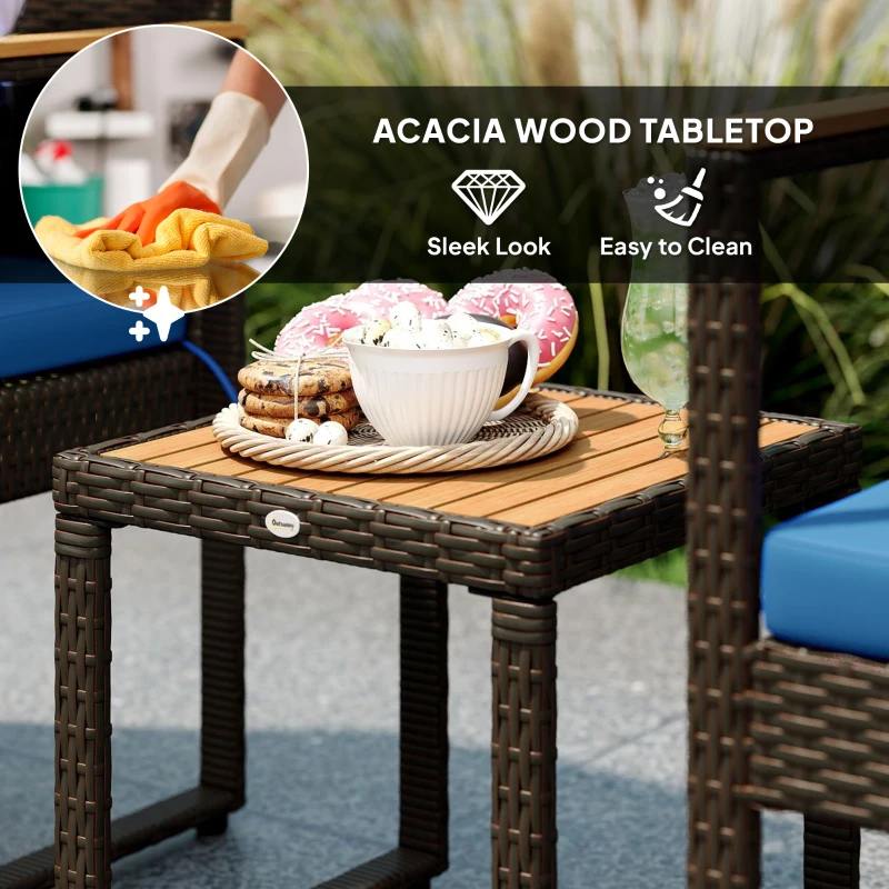 Outsunny 3 Pieces Wicker Patio Furniture Set, Rattan Bistro Set w/ Acacia Wood Table & Removable Cushions, Dark Blue