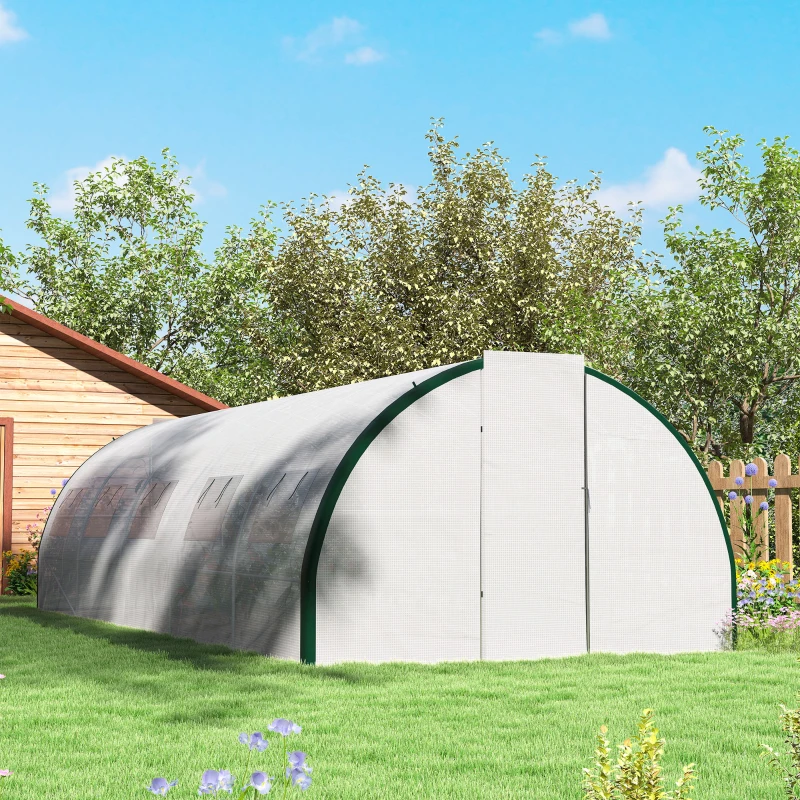 Outsunny Tunnel Greenhouse Walk-in Plant Warm House with 2 Hinged Doors, 10 Mesh Windows, 24.6' x 10' x 6.6', White