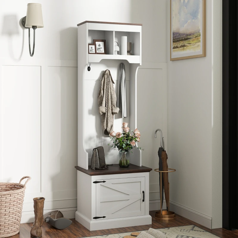 HOMCOM 3-in-1 Hall Tree with Shoe Storage, Coat Rack with Bench, Entryway Furniture with Five Hooks, White Wood Grain