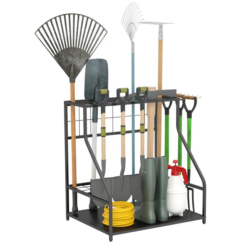 Outsunny 3-Tier Yard Tool Tower Rack, Garden Tool Organizer with Hooks for Long-Handled Rakes, Shovel, Broom, Orange