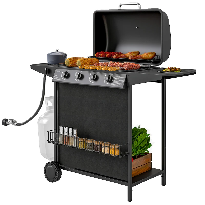 Outsunny 4+1 Burner Propane Gas BBQ Grill, Portable Gas Barbecue Grill with Side Burner, Thermometer, Lid, Side Table, Shelf, Spice Rack, Wheels, Grease Cup for Garden, Black