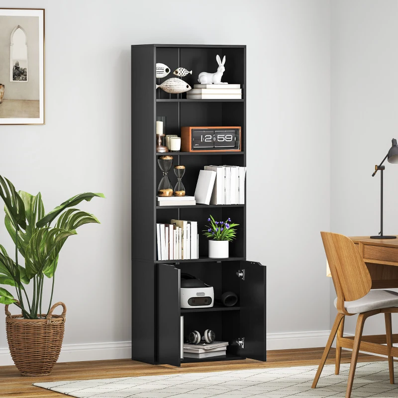 HOMCOM 4-Tier Open Bookshelf with Doors Modern Home Office Bookcase Storage Cabinet for Living Room Bathroom Study, Black