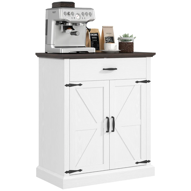 HOMCOM 30" Buffet Cabinet, Farmhouse Sideboard with 1.2" Thick Top, 2 Barn Doors, Drawer and Adjustable Shelf, White