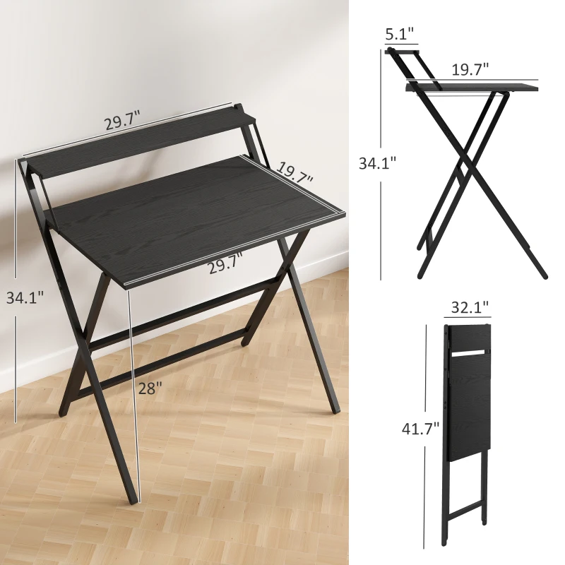 HOMCOM Folding Computer Desk, 32" Foldable Desk with Monitor Shelf for Small Space, Home Office, Study, Easy Assembly, Black