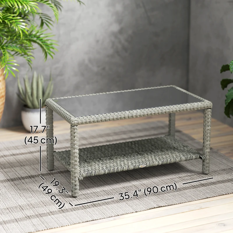 Outsunny 35" Outdoor Wicker Coffee Table with Glass Top, Storage Shelf for Garden Porch Balcony Deck, Dark Grey