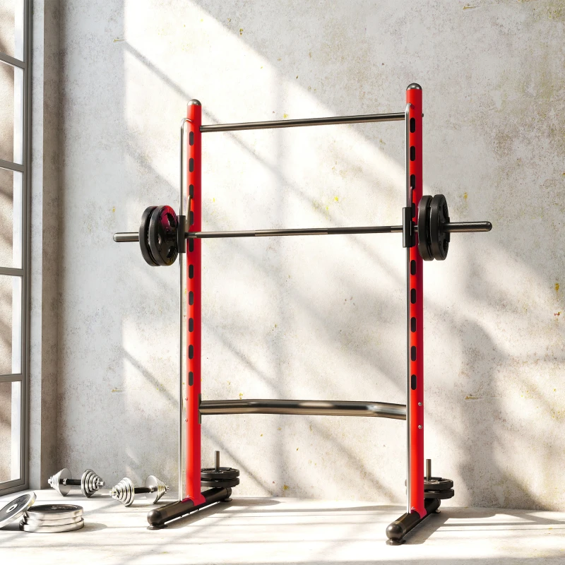 Soozier Squat Rack with Pull Up Bar and Barbell Bar Adjustable Bench Press Multi-Function Weight Lifting Half Rack Red