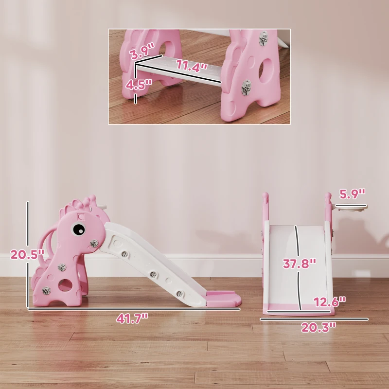 Qaba 3-in-1 Toddler Slide for Age 1-3, Freestanding Kids Slide with Climber, Basketball Hoop and Ball, Giraffe Design, Pink