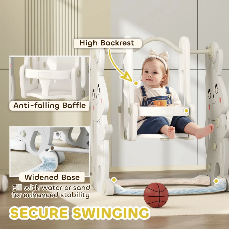 Qaba 4 in 1 Toddler Slide and Swing Set with Climber, Basketball Hoop, Rabbit Themed Kids Playset for Ages 1.5-4, Gray