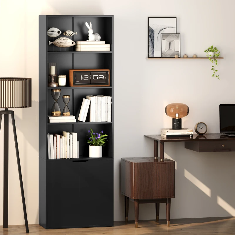 HOMCOM 4-Tier Open Bookshelf with Doors Modern Home Office Bookcase Storage Cabinet for Living Room Bathroom Study, Black