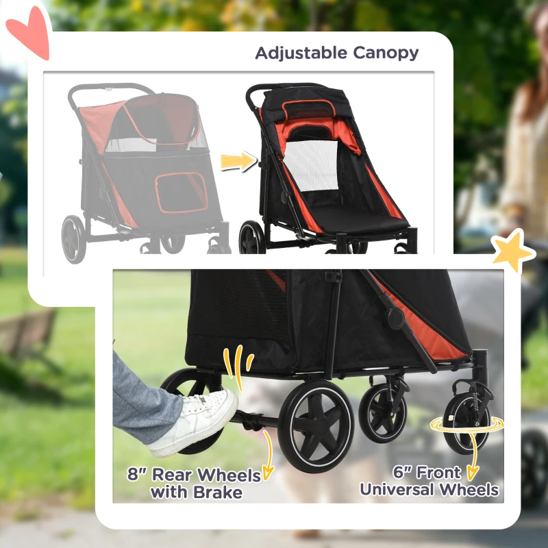 PawHut Foldable Pet Stroller with Universal Front Wheels, Shock Absorber, Dog Cat Carriage for Large & Medium Dogs, Red