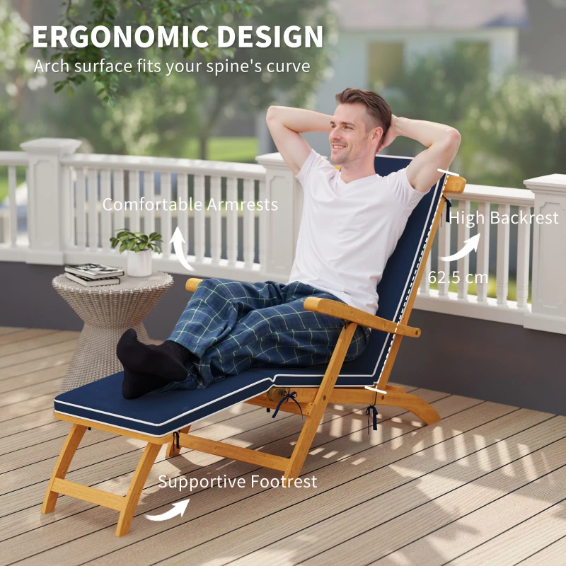 Outsunny Folding Patio Lounge Chair with Padded Cushion, Acacia Wood Patio Lounger Recliner with Footrest for Garden, Navy Blue
