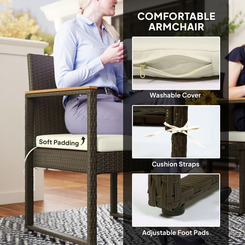 Outsunny 3 Pieces Wicker Patio Furniture Set, Rattan Bistro Set w/ Acacia Wood Table & Removable Cushions, White