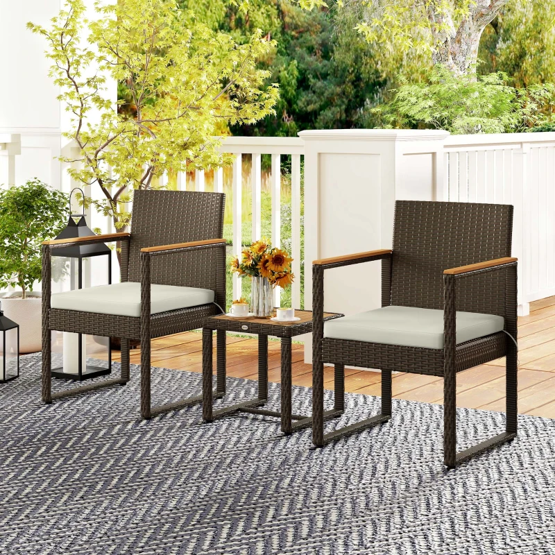 Outsunny 3 Pieces Wicker Patio Furniture Set, Rattan Bistro Set w/ Acacia Wood Table & Removable Cushions, White