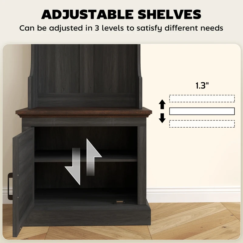 HOMCOM 3-in-1 Hall Tree with Shoe Storage, Coat Rack with Bench, Entryway Furniture with Five Hooks, Black Wood Grain