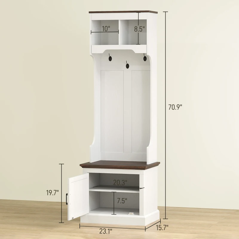 HOMCOM 3-in-1 Hall Tree with Shoe Storage, Coat Rack with Bench, Entryway Furniture with Five Hooks, White Wood Grain
