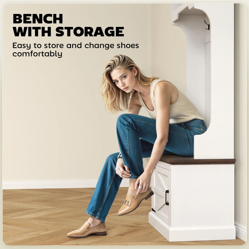 HOMCOM 3-in-1 Hall Tree with Shoe Storage, Coat Rack with Bench, Entryway Furniture with Five Hooks, White Wood Grain
