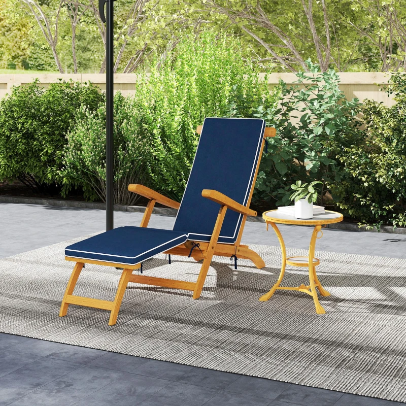 Outsunny Folding Patio Lounge Chair with Padded Cushion, Acacia Wood Patio Lounger Recliner with Footrest for Garden, Navy Blue