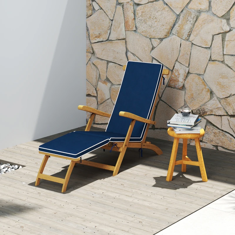 Outsunny Folding Patio Lounge Chair with Padded Cushion, Acacia Wood Patio Lounger Recliner with Footrest for Garden, Navy Blue