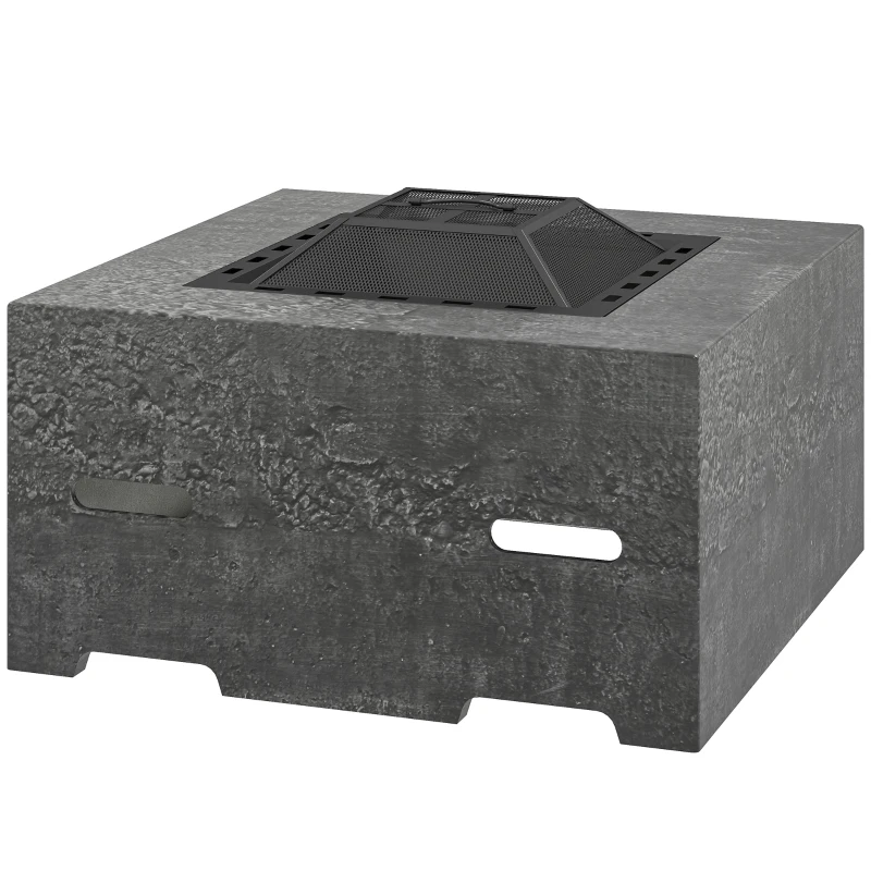 Outsunny Fire Pit with Fire Poker, Wood Burning Firepit for Outside with Mesh Lid, Magnesium Oxide Stone Texture, Charcoal Grey