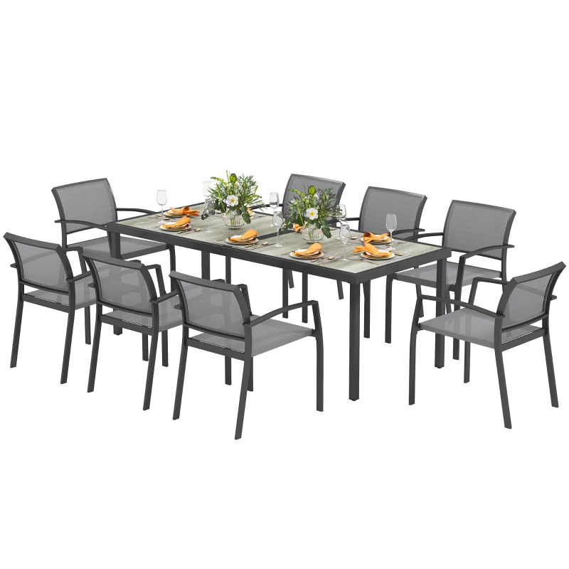Outsunny 9 Pieces Patio Dining Set with Easy Clean Tabletop, 8 Stackable Chairs, for Garden, Backyard, Poolside, Deck, Grey
