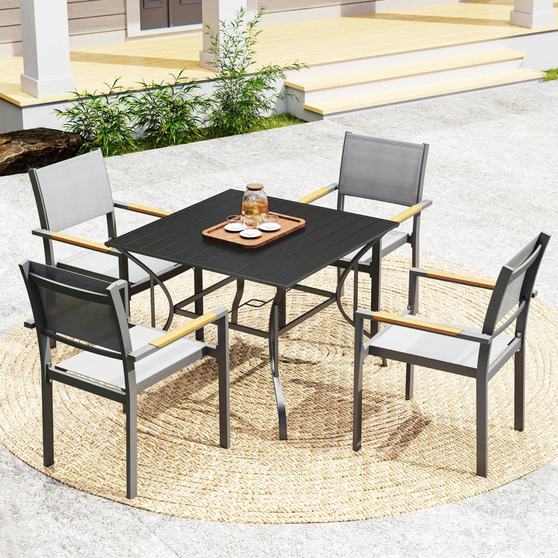 Outsunny Outdoor Dining Table for Four, Patio Table with Parasol Hole, Square Garden Table with Slatted Metal Plate Top, for Backyard, Poolside, Black