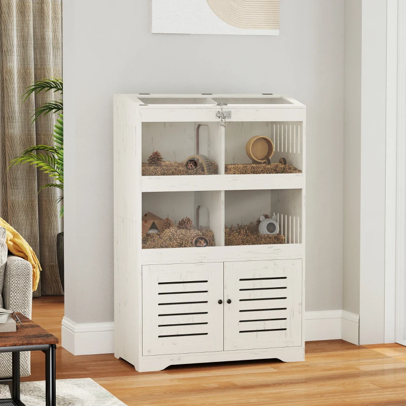 PawHut Large Hamster Cage for Multiple Small Pets, Rat Cage with Storage Cabinet, Clear Transparent Panels, Cream White