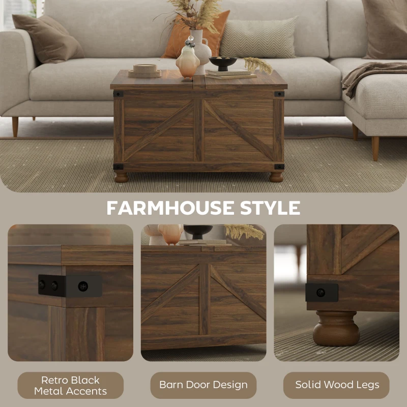 HOMCOM Coffee Table with Lift Top, 32" Farmhouse Center Table with Hidden Compartment for Living Room, Brown Wood Grain